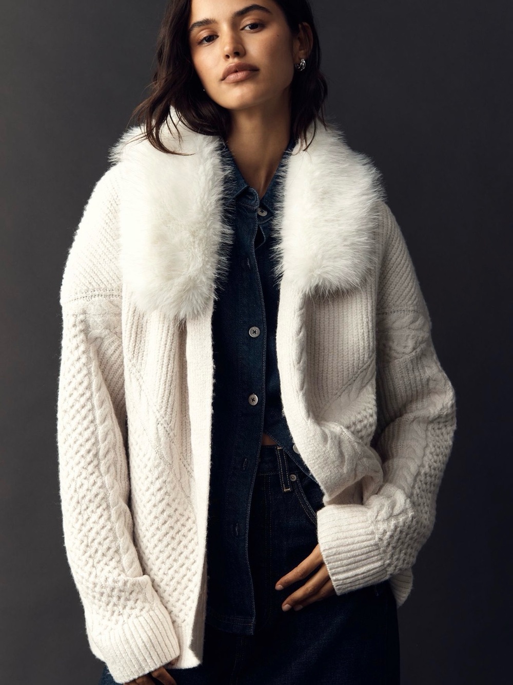NWT Anthropologie Flat White Faux Fur-Collar Cardigan Sweater